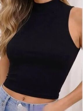 Zara Black Sleeveless Mock Neck Ribbed Crop Top